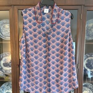 CAbi Pink and Blue Boxy Blouse with Mandarin Collar